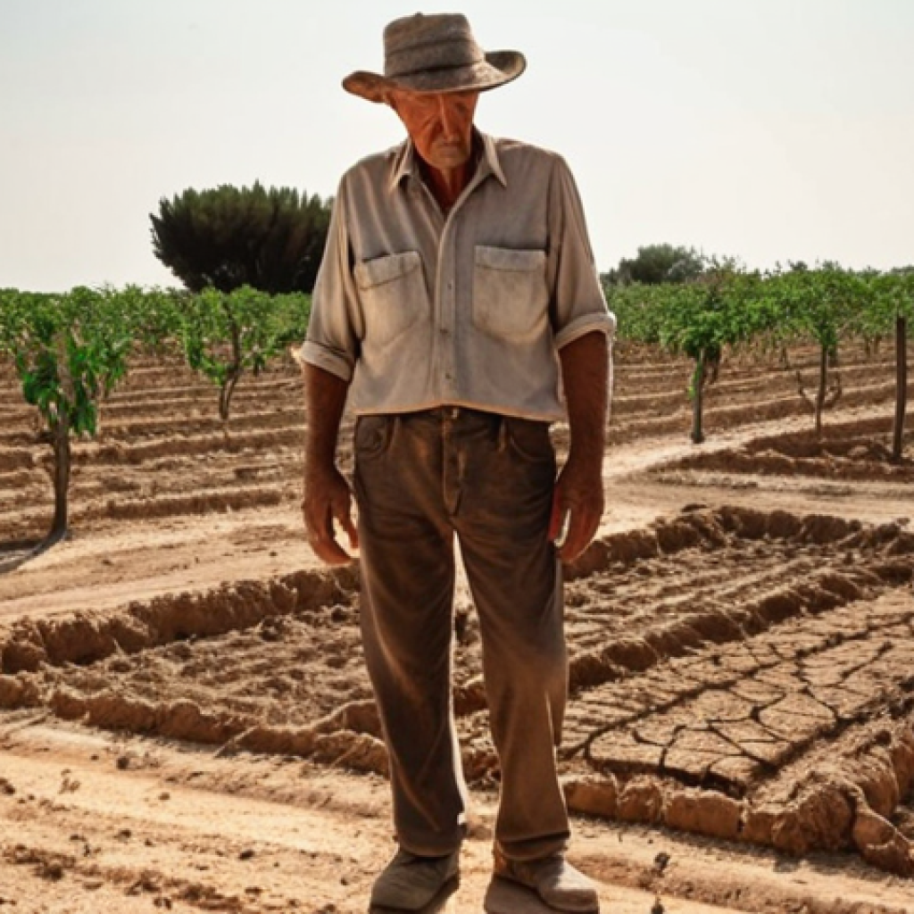 **

Prompt: A parched agricultural landscape in Puglia, Italy, showing cracked earth and withered tomato plants under a scorching sun. In the background, a worried farmer surveys the scene. Focus on the impact of drought on agriculture and the emotional toll on farmers. Use natural lighting to emphasize the harsh conditions.

**