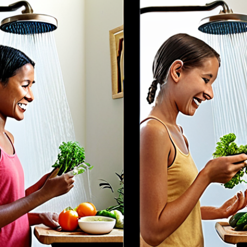 Home 6 **
A split-screen image. On one side, a person is quickly showering with a low-flow showerhead, representing water conservation. On the other side, a family is happily eating a meal made with locally sourced, organic produce, illustrating sustainable agriculture. The overall tone is bright and hopeful, emphasizing positive change.
**