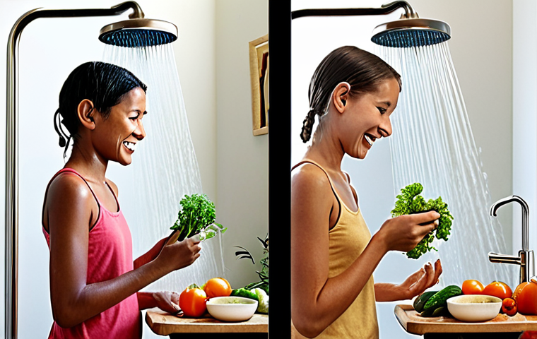 **

A split-screen image. On one side, a person is quickly showering with a low-flow showerhead, representing water conservation. On the other side, a family is happily eating a meal made with locally sourced, organic produce, illustrating sustainable agriculture. The overall tone is bright and hopeful, emphasizing positive change.

**