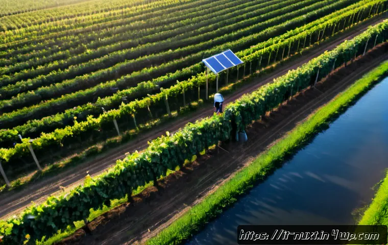 Home 10 기술 혁신이 수자원 관리에 미치는 영향 - Photorealistic aerial view of a modern Italian agricultural landscape in Emilia-Romagna, precision i...