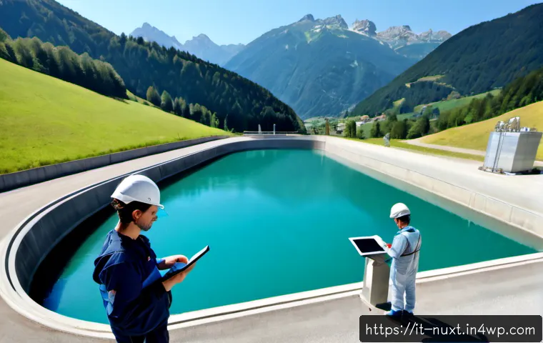 혁신적인 물 관리 기술의 발전 - Photorealistic modern water treatment facility in northern Italy, stainless steel filtration tanks a...