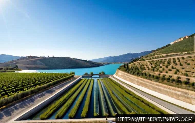 Home 15 통합 수자원 관리의 성공 요인 - Photorealistic aerial view of integrated water resource management in rural central Italy, a clear r...