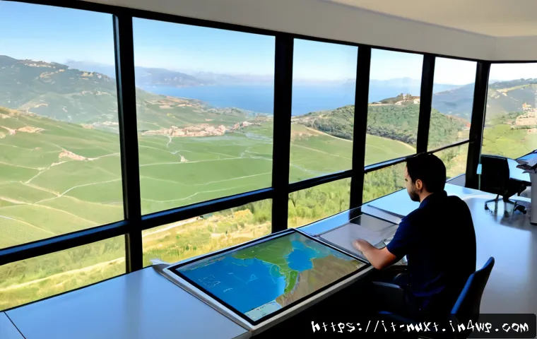 수자원 관리의 데이터 기반 의사 결정 - Photorealistic modern water management control room in Italy, an experienced Italian engineer studyi...