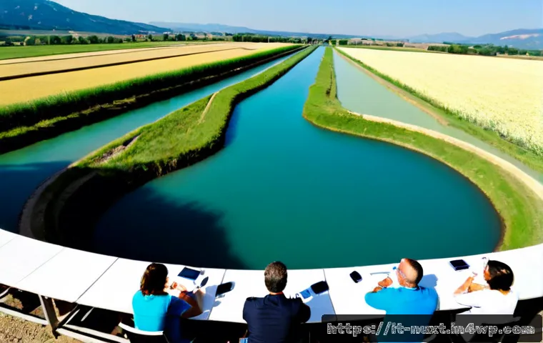 통합 수자원 관리의 제도적 장치 - Photorealistic wide-angle view of an Italian river basin management meeting, diverse environmental e...