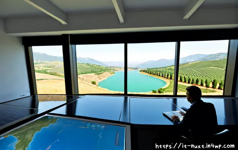 Home 17 수자원 관리 정책의 변화와 전망 - Photorealistic wide-angle view of a modern Italian water management control center overlooking a Med...